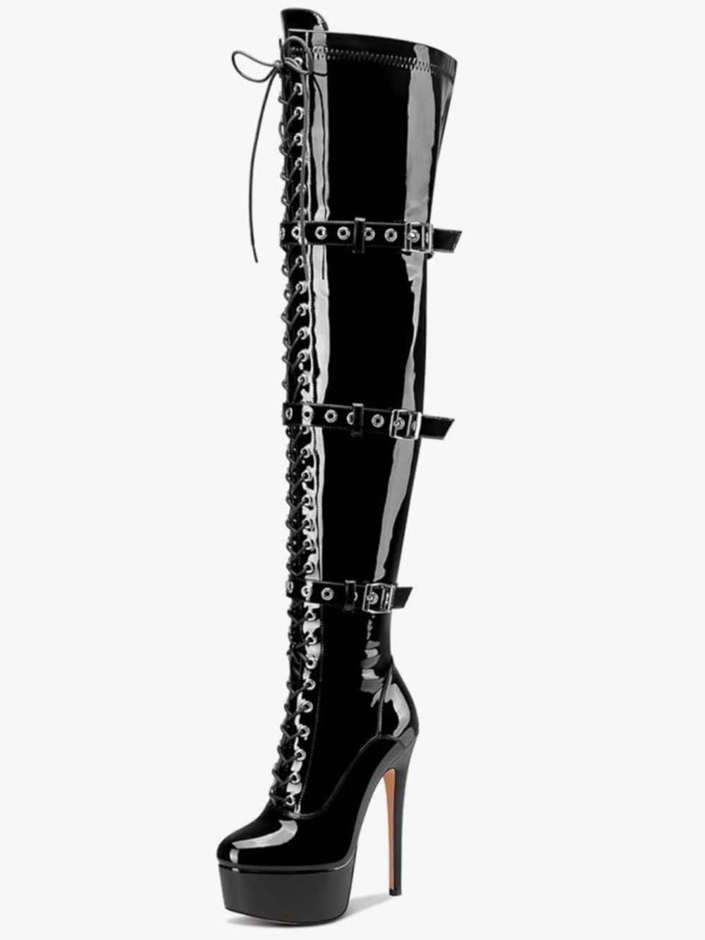 Black Patent Over-the-Knee Lace-Up Platform Stiletto Boot